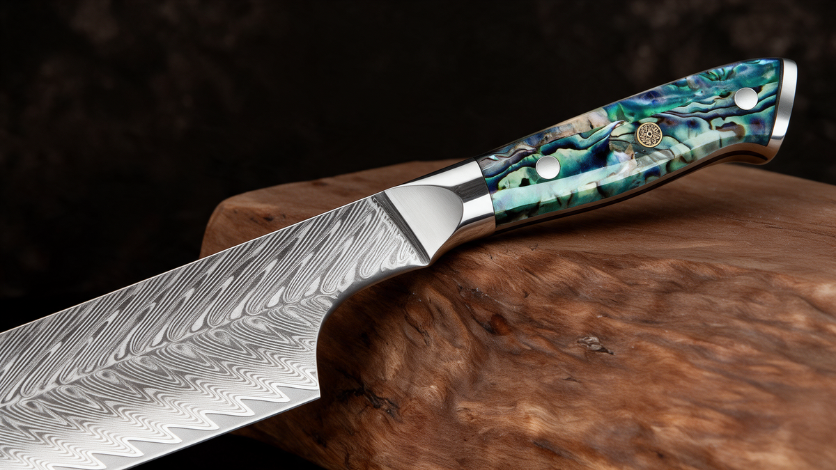 Couteau Nakiri Japonais Acier Damas 67 Couches 18 cm – Manche Nacre d’Ormeau & Résine Bleue