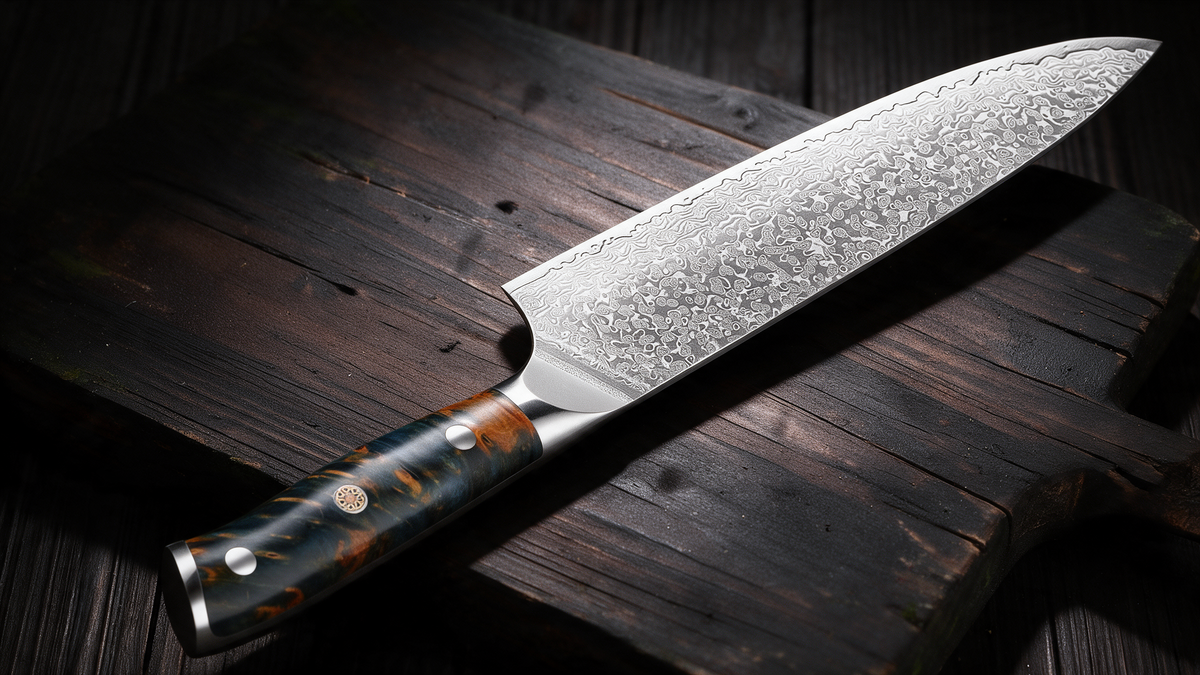 Couteau de Chef Japonais Acier Damas 67 Couches 20 cm – Manche Bois Stabilisé Ergonomique